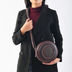 100% Genuine Leather Weaving Round Crossbody Bag - Burgundy