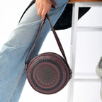 100% Genuine Leather Weaving Round Crossbody Bag - Burgundy