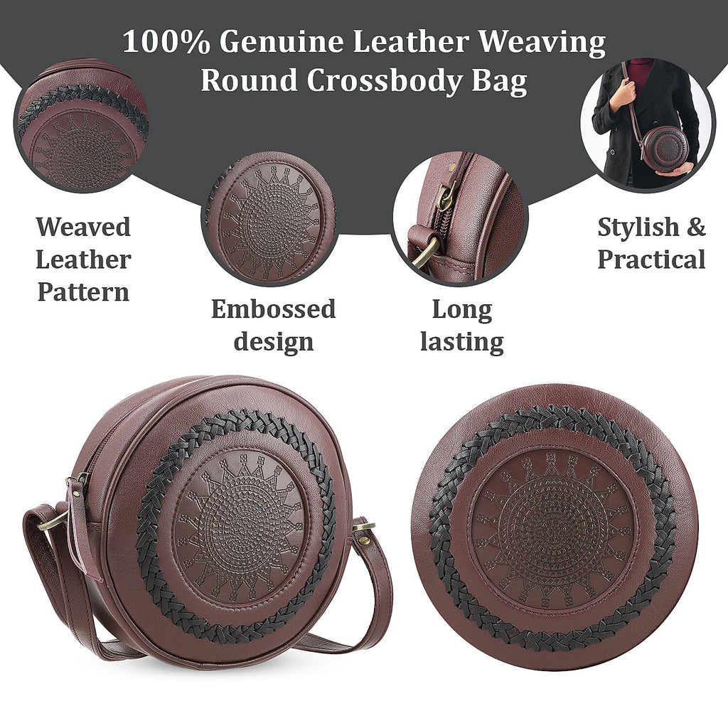 100% Genuine Leather Weaving Round Crossbody Bag - Burgundy