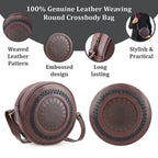 100% Genuine Leather Weaving Round Crossbody Bag - Burgundy