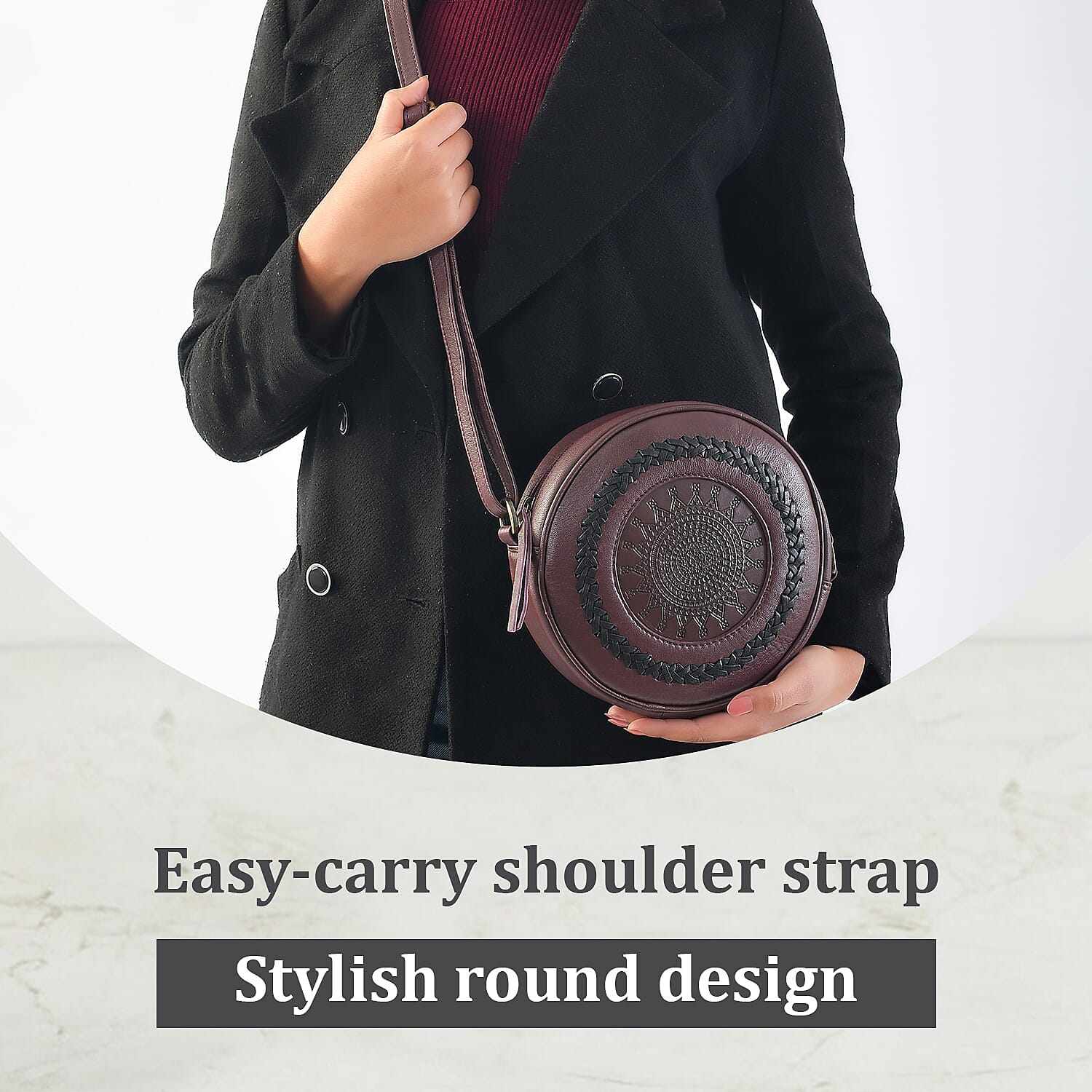 100% Genuine Leather Weaving Round Crossbody Bag - Burgundy