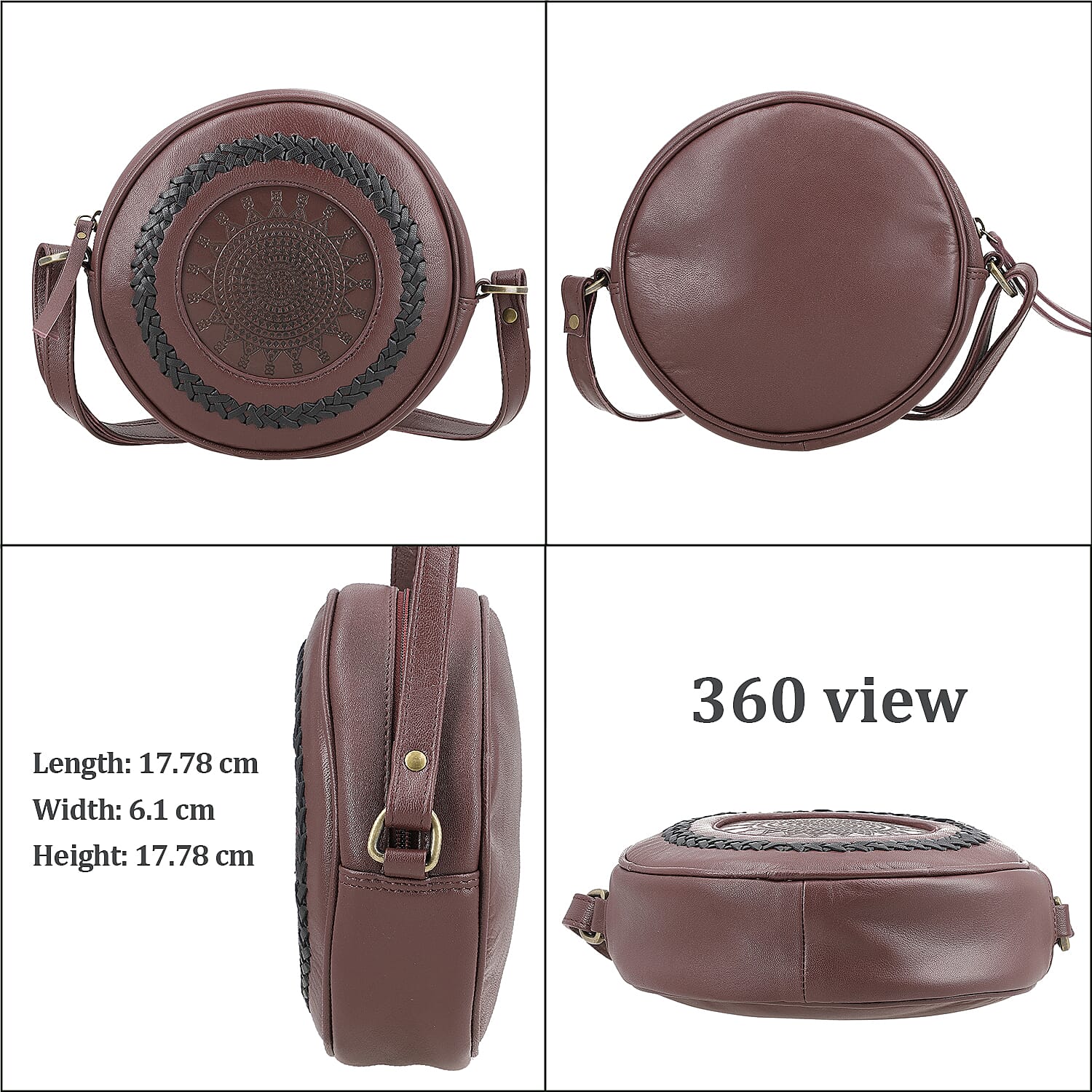 100% Genuine Leather Weaving Round Crossbody Bag - Burgundy