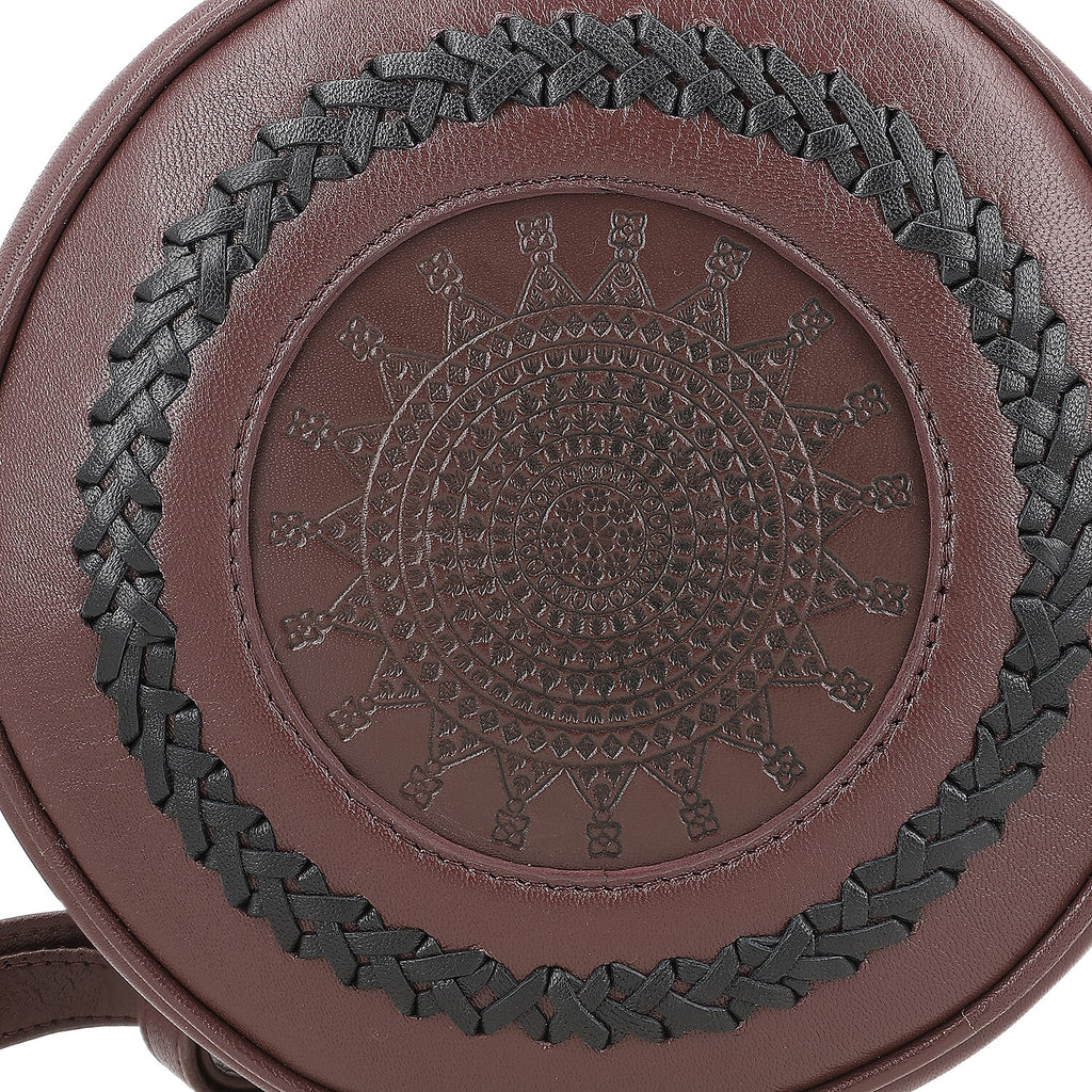 100% Genuine Leather Weaving Round Crossbody Bag - Burgundy