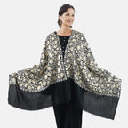 100% Merino Wool Silk Shawl with Hand Embroidered in Kashmir - Free 6ml Concentrated Posh Sandalwood Oil - Black