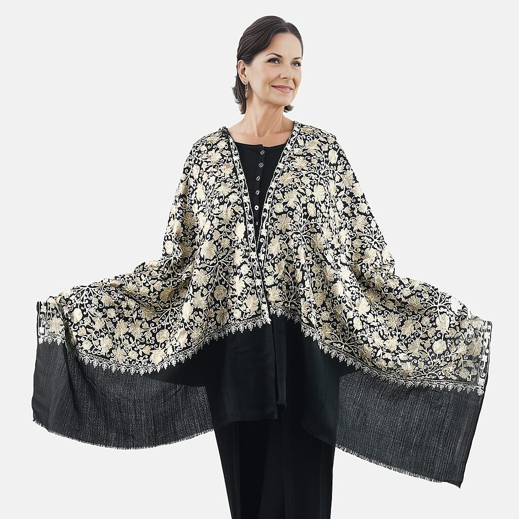100% Merino Wool Silk Shawl with Hand Embroidered in Kashmir - Free 6ml Concentrated Posh Sandalwood Oil - Black