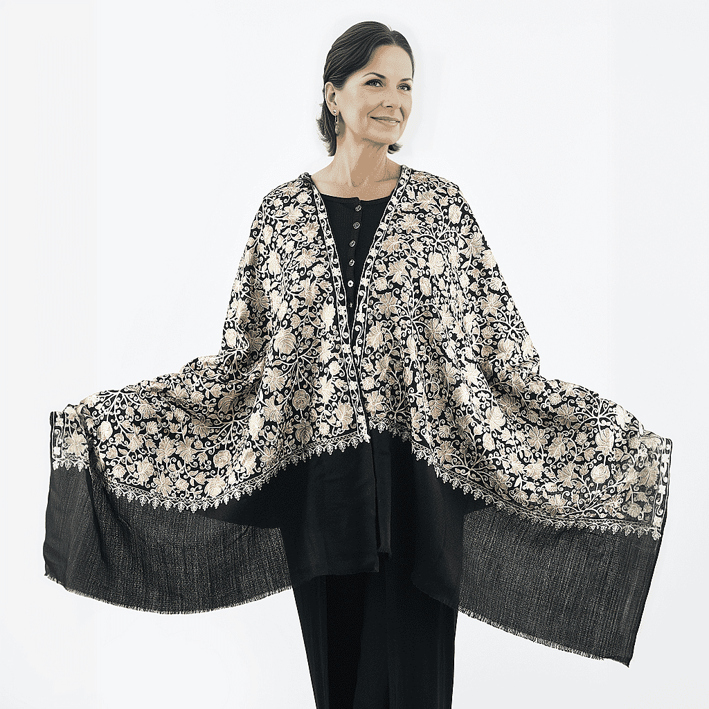 100% Merino Wool Silk Shawl with Hand Embroidered in Kashmir - Free 6ml Concentrated Posh Sandalwood Oil - Black