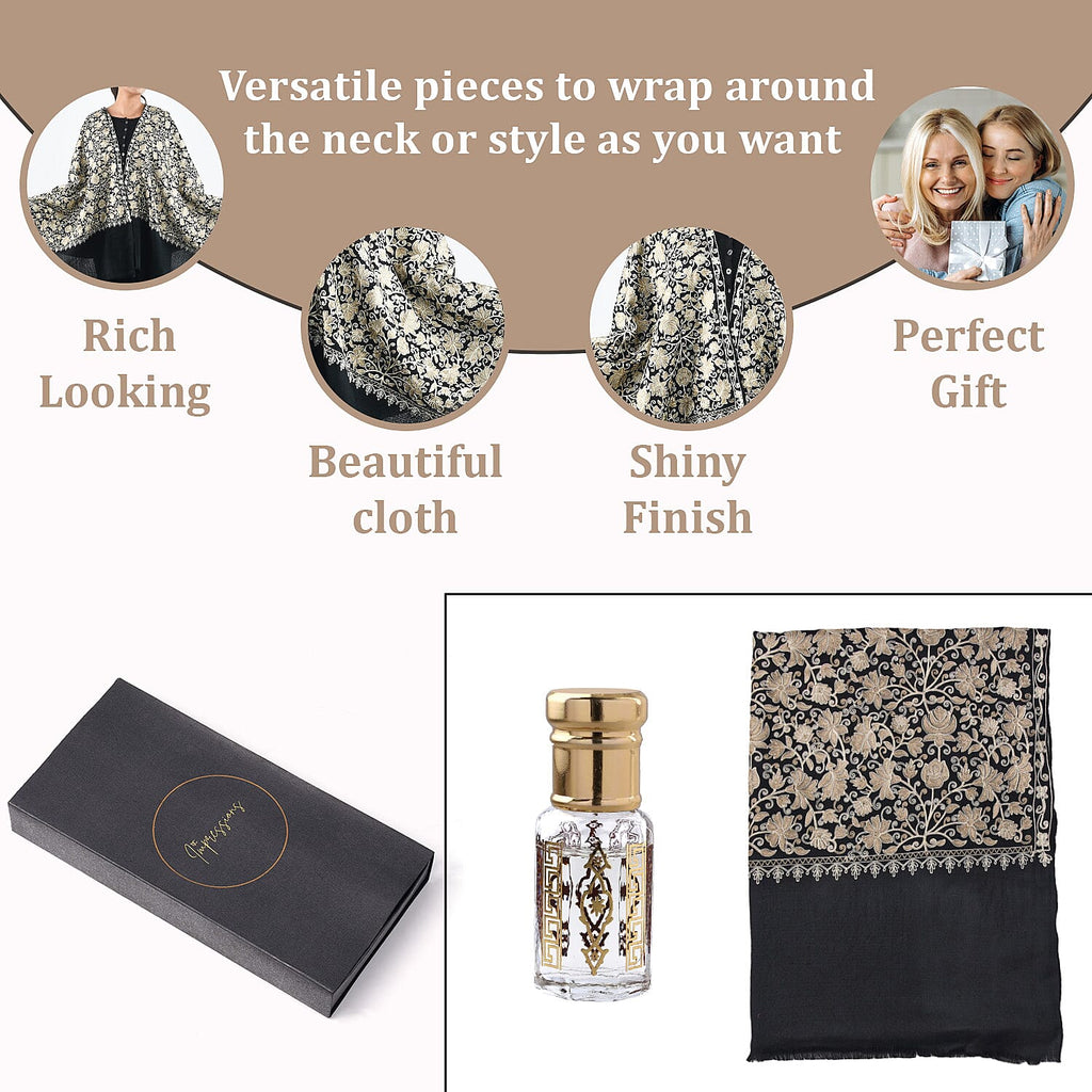 100% Merino Wool Silk Shawl with Hand Embroidered in Kashmir - Free 6ml Concentrated Posh Sandalwood Oil - Black