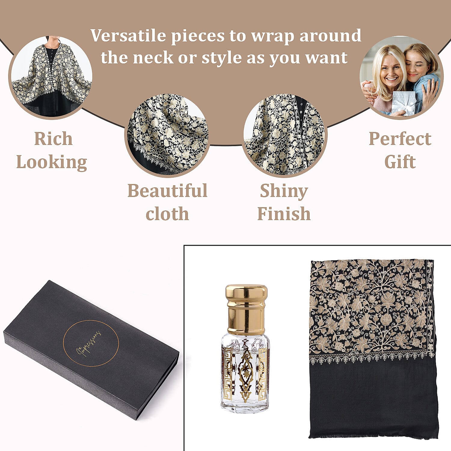 100% Merino Wool Silk Shawl with Hand Embroidered in Kashmir - Free 6ml Concentrated Posh Sandalwood Oil - Black