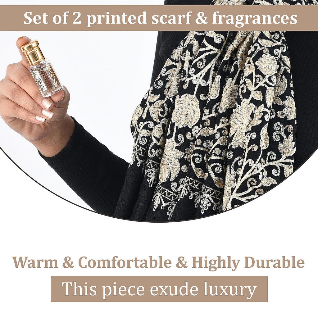 100% Merino Wool Silk Shawl with Hand Embroidered in Kashmir - Free 6ml Concentrated Posh Sandalwood Oil - Black