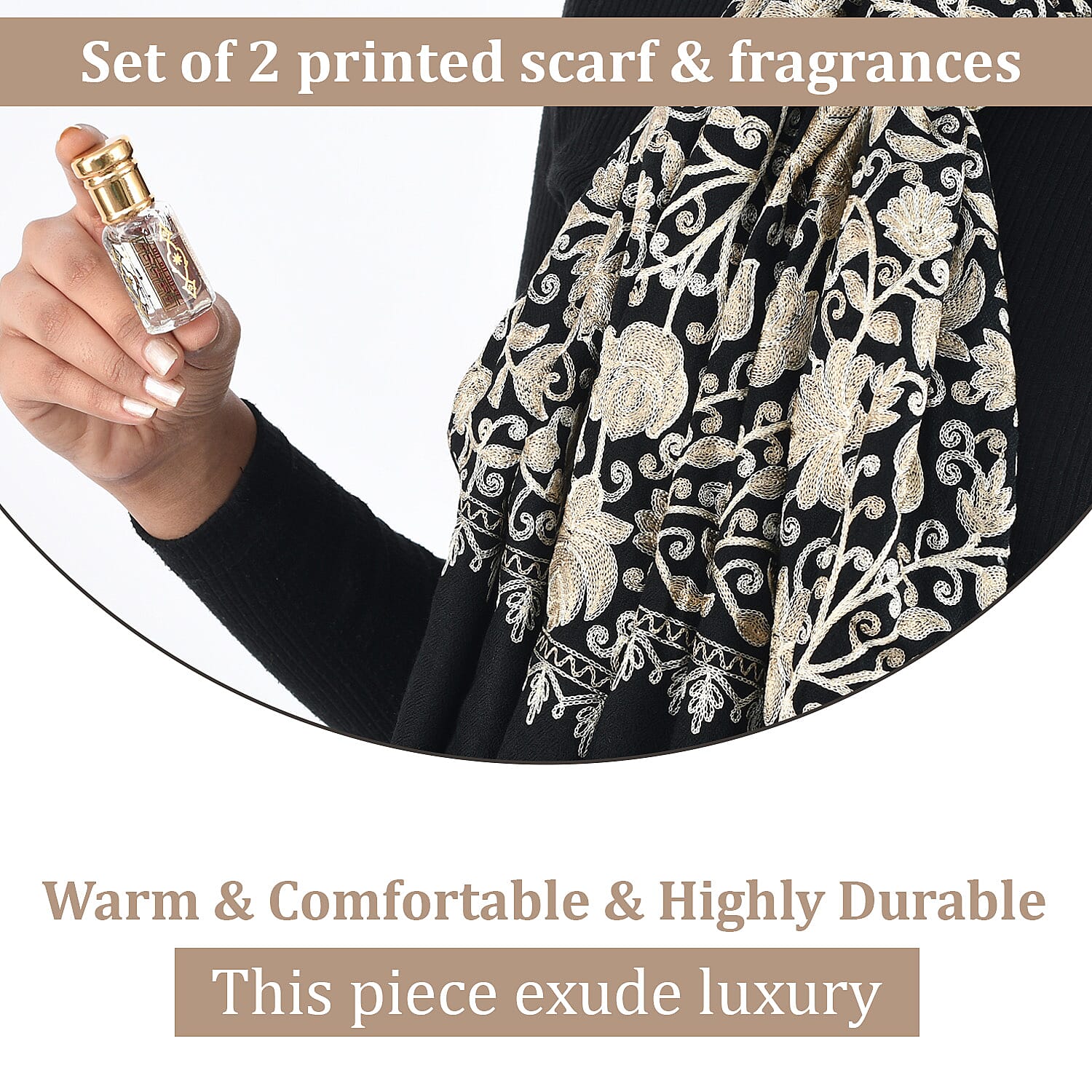 100% Merino Wool Silk Shawl with Hand Embroidered in Kashmir - Free 6ml Concentrated Posh Sandalwood Oil - Black
