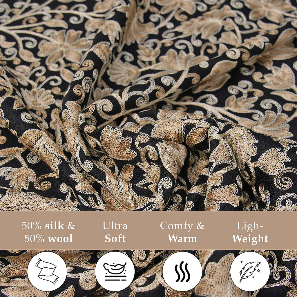 100% Merino Wool Silk Shawl with Hand Embroidered in Kashmir - Free 6ml Concentrated Posh Sandalwood Oil - Black