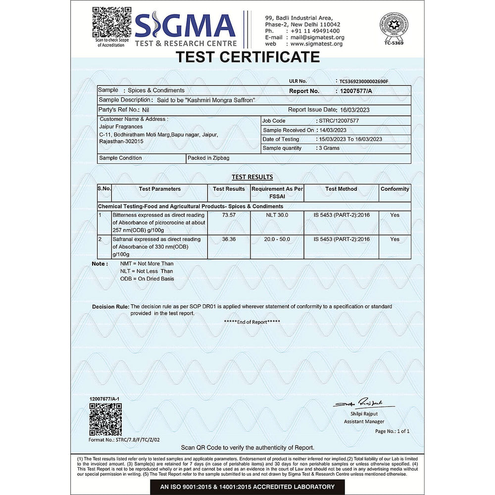Certified 100% Pure - Natural KASHMIRI Mongra Grade Saffron - 2 GM