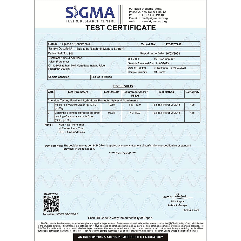 Certified 100% Pure - Natural KASHMIRI Mongra Grade Saffron - 2 GM
