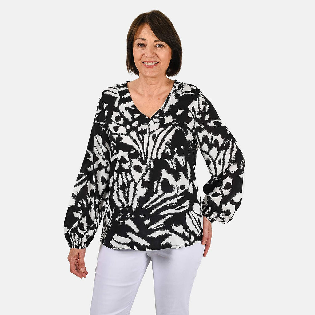 100% Viscose Long Sleeves Abstract Top (Size L) - Black