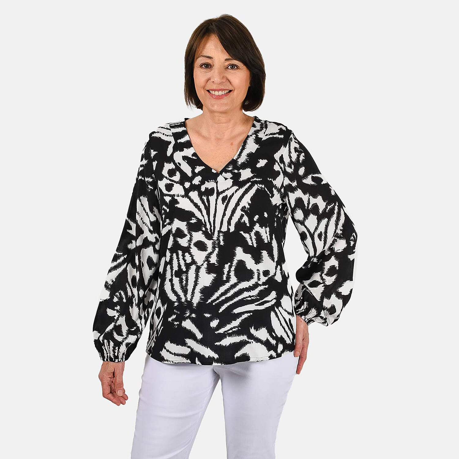 100% Viscose Long Sleeves Abstract Top (Size L) - Black
