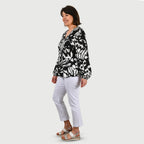 100% Viscose Long Sleeves Abstract Top (Size L) - Black