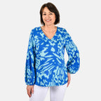100% Viscose Long Sleeves Abstract Top (Size M) - Blue