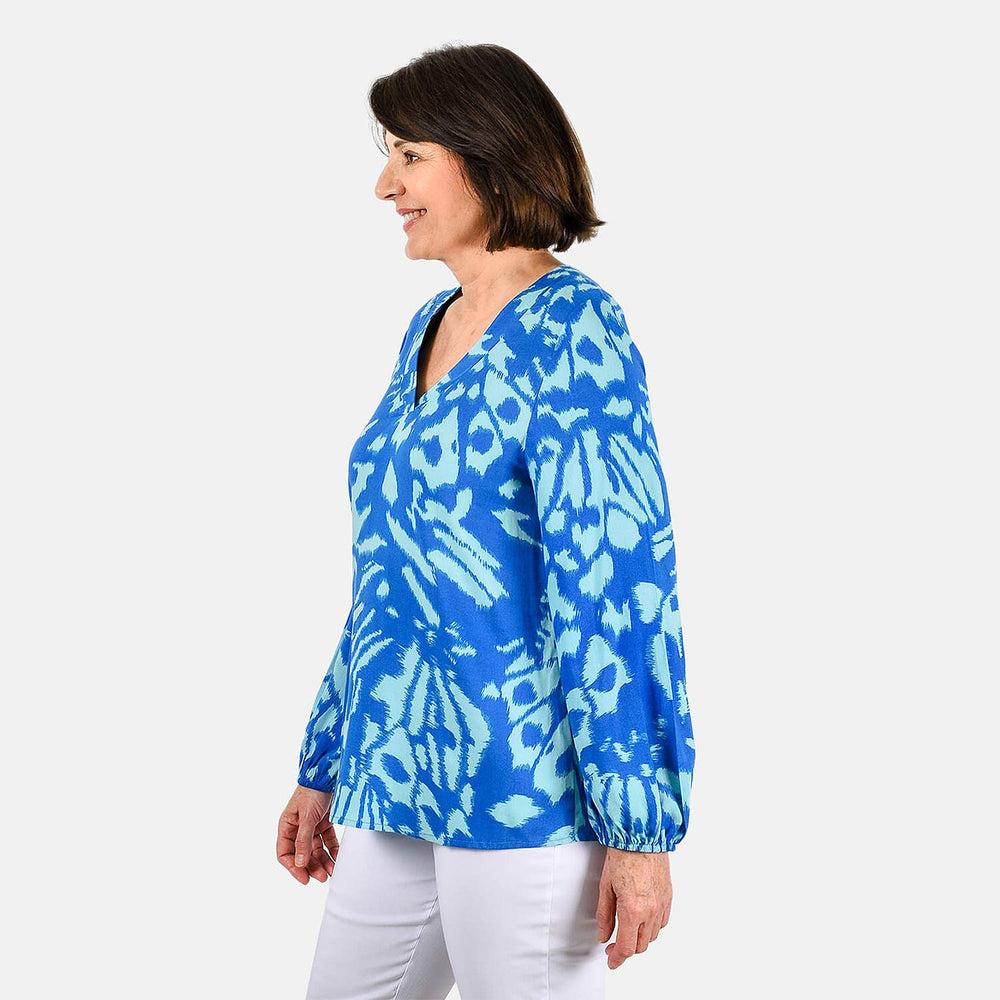 100% Viscose Long Sleeves Abstract Top (Size XL) - Blue