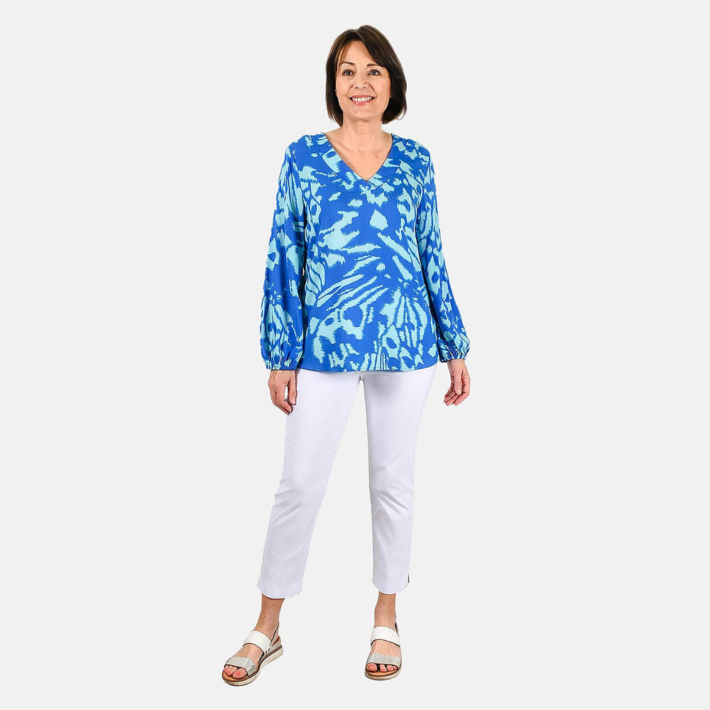 100% Viscose Long Sleeves Abstract Top (Size XXL) - Blue