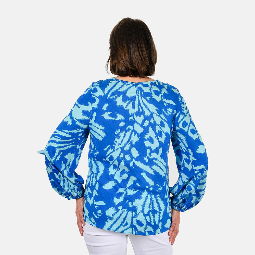100% Viscose Long Sleeves Abstract Top (Size XXL) - Blue