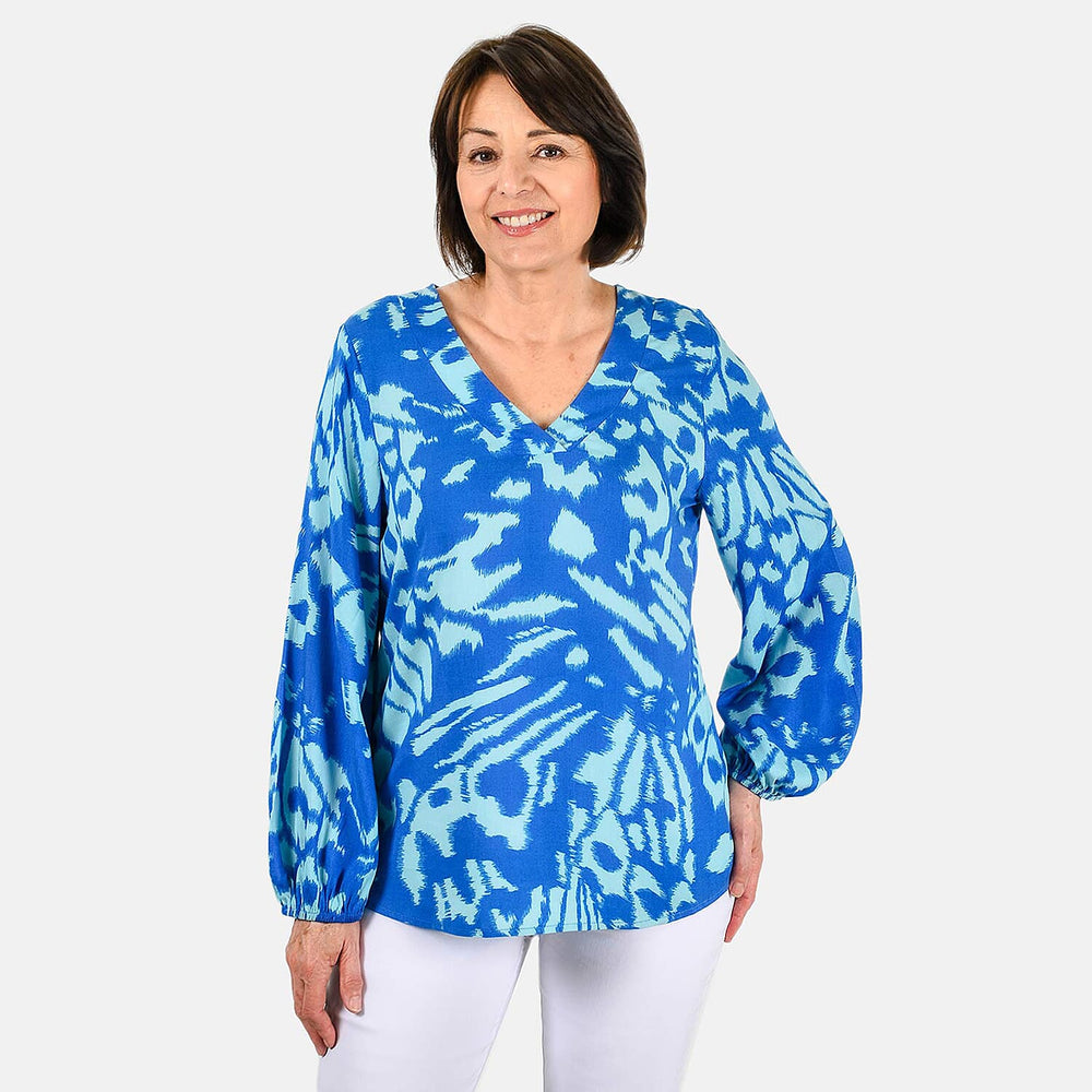 100% Viscose Long Sleeves Abstract Top (Size XXL) - Blue