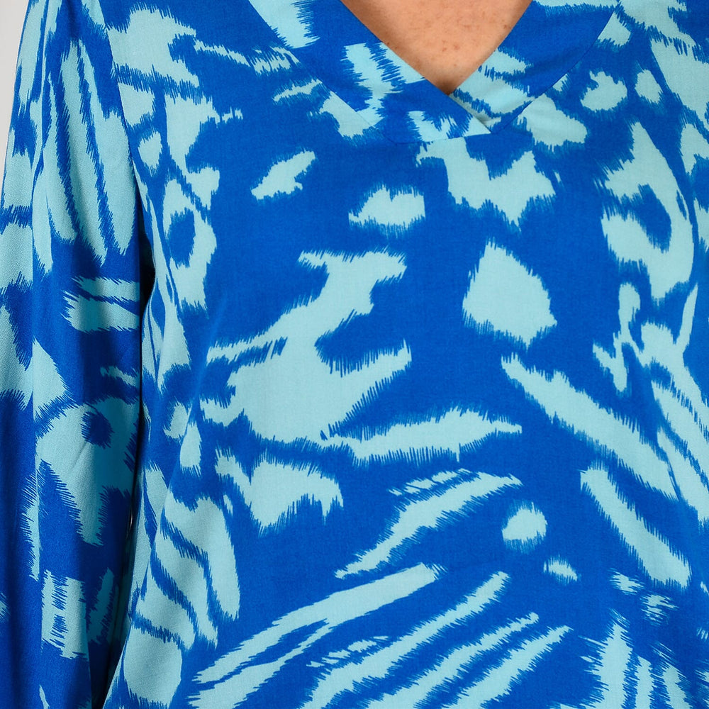 100% Viscose Long Sleeves Abstract Top (Size XXL) - Blue