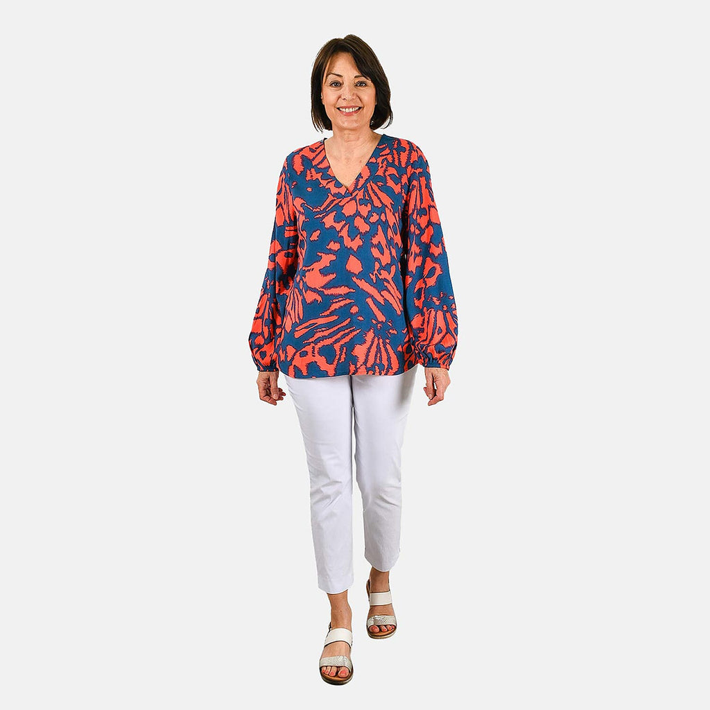 100% Viscose Long Sleeves Abstract Top (Size S) - Blue