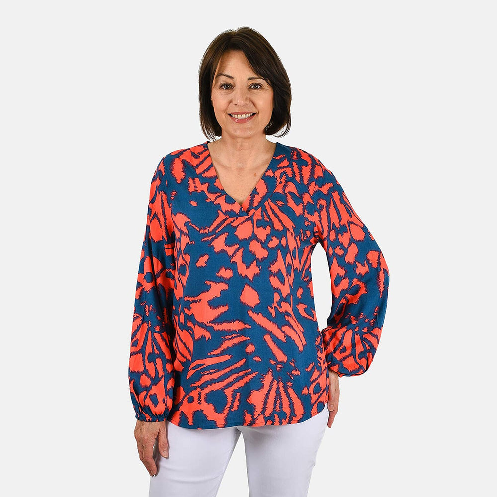 100% Viscose Long Sleeves Abstract Top (Size S) - Blue
