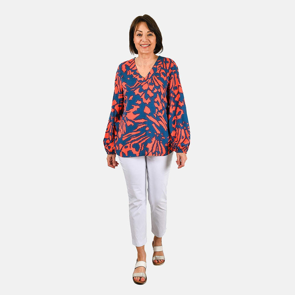 100% Viscose Long Sleeves Abstract Top (Size S) - Orange