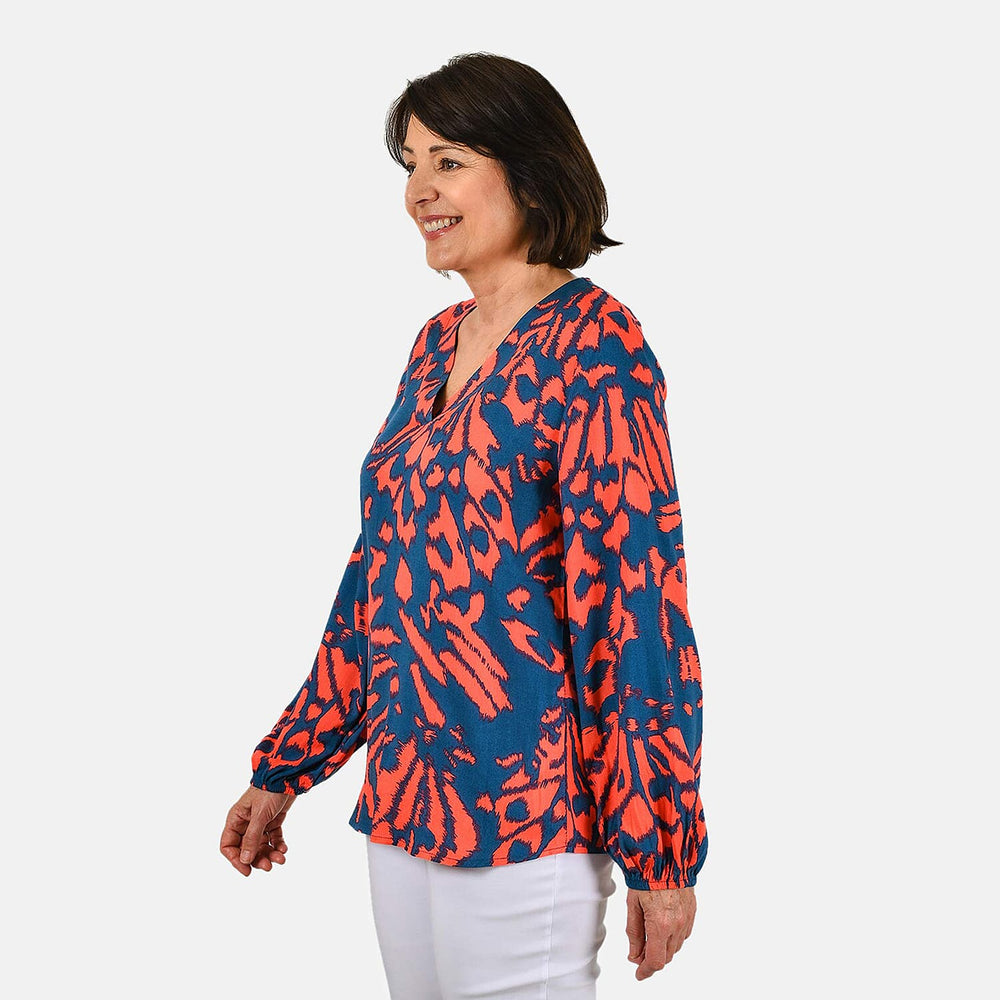 100% Viscose Long Sleeves Abstract Top (Size S) - Orange