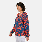 100% Viscose Long Sleeves Abstract Top (Size S) - Orange
