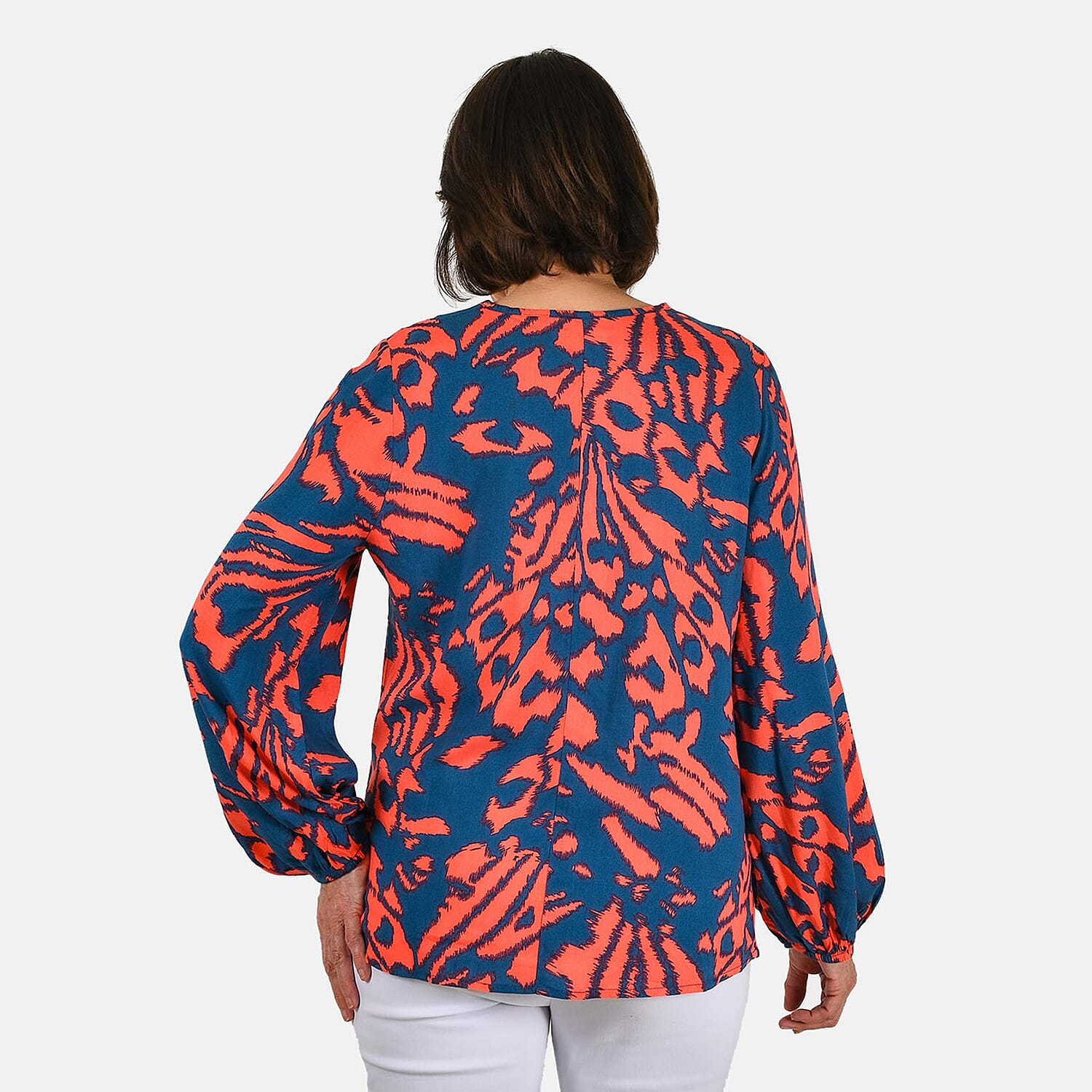 100% Viscose Long Sleeves Abstract Top (Size XL) - Orange