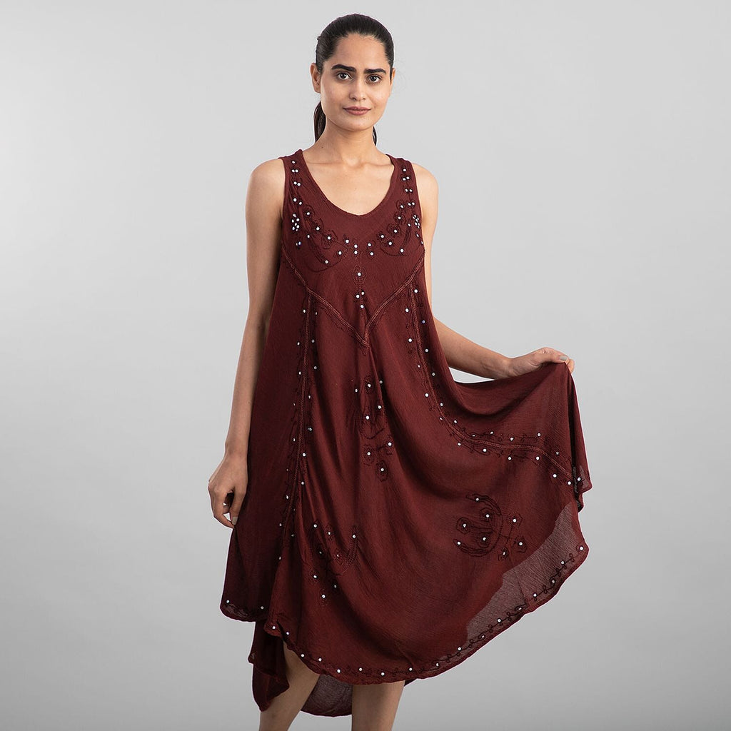100% Viscose Sequin Embroidered Umbrella Dress with Pockets (One Size, 8-18) - Caramel Brown