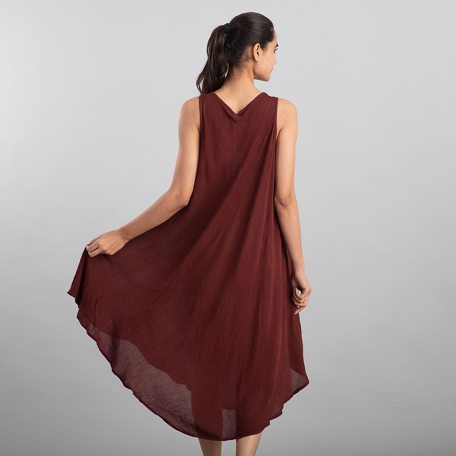 100% Viscose Sequin Embroidered Umbrella Dress with Pockets (One Size, 8-18) - Caramel Brown