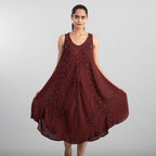 100% Viscose Sequin Embroidered Umbrella Dress with Pockets (One Size, 8-18) - Caramel Brown