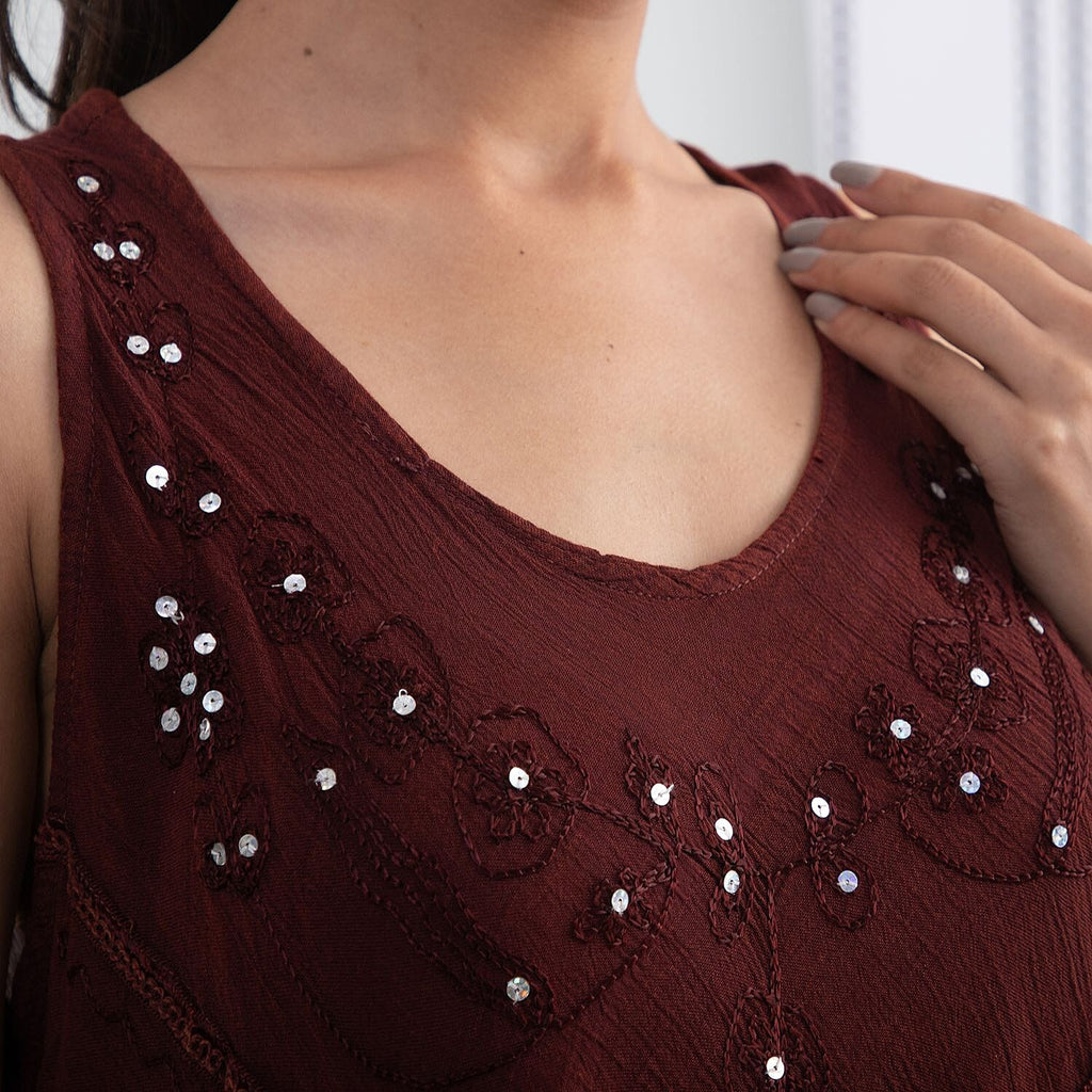100% Viscose Sequin Embroidered Umbrella Dress with Pockets (One Size, 8-18) - Caramel Brown