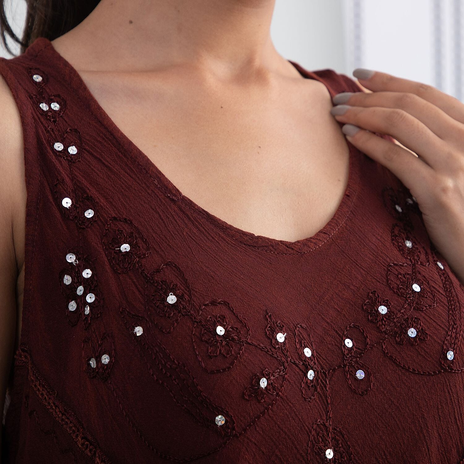 100% Viscose Sequin Embroidered Umbrella Dress with Pockets (One Size, 8-18) - Caramel Brown