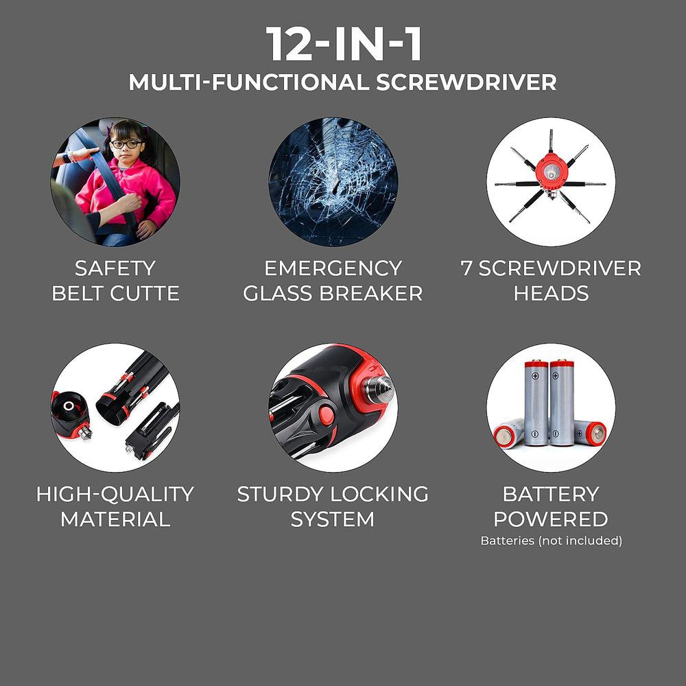 12 in 1 Multifunctional Flashlight ( Inc. 1 LED Light, Taillight, Seat Belt Cutter, 7 Screwdrivers - Many More) 3xAAA Battery (Not Inc.)
