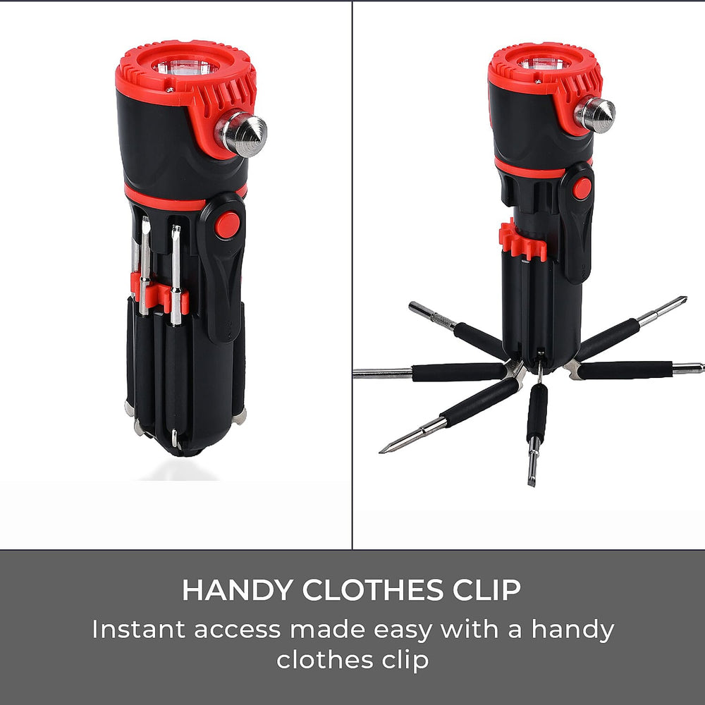 12 in 1 Multifunctional Flashlight ( Inc. 1 LED Light, Taillight, Seat Belt Cutter, 7 Screwdrivers - Many More) 3xAAA Battery (Not Inc.)