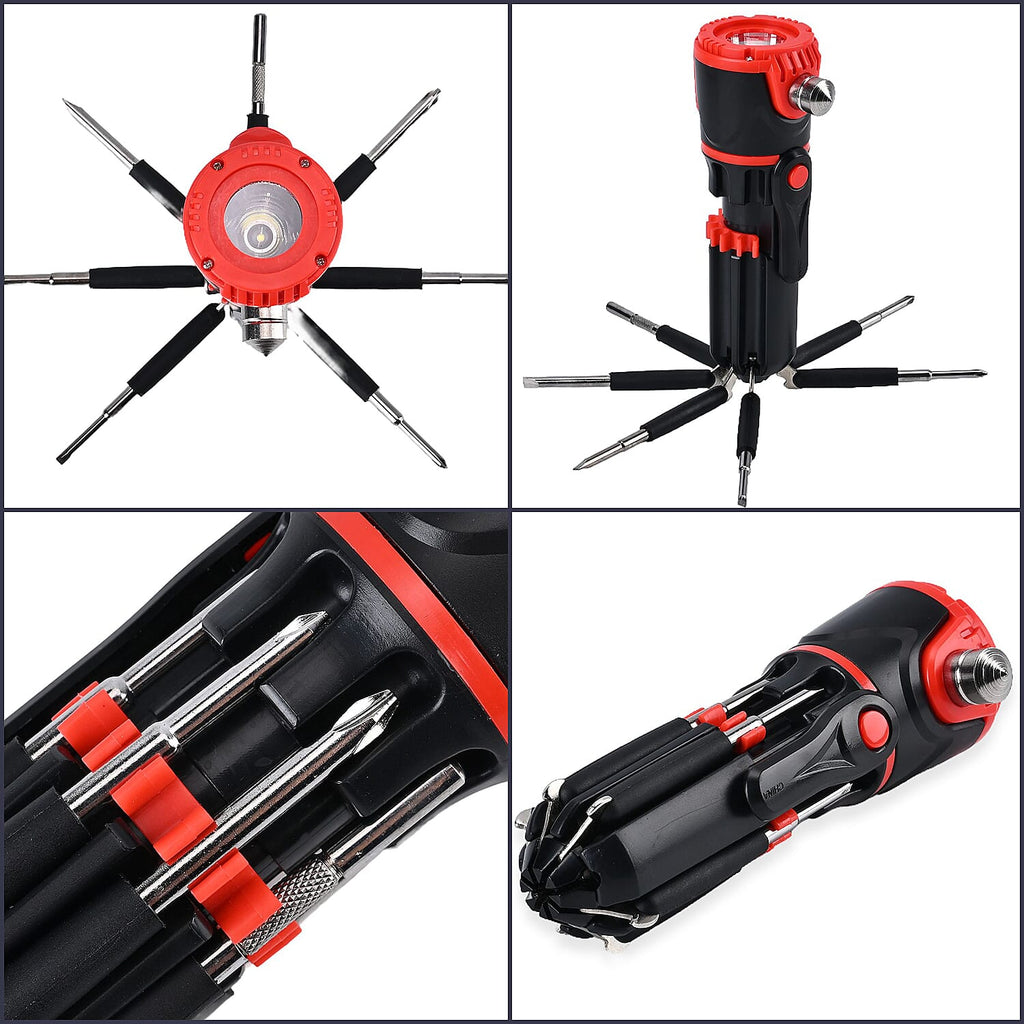 12 in 1 Multifunctional Flashlight ( Inc. 1 LED Light, Taillight, Seat Belt Cutter, 7 Screwdrivers - Many More) 3xAAA Battery (Not Inc.)
