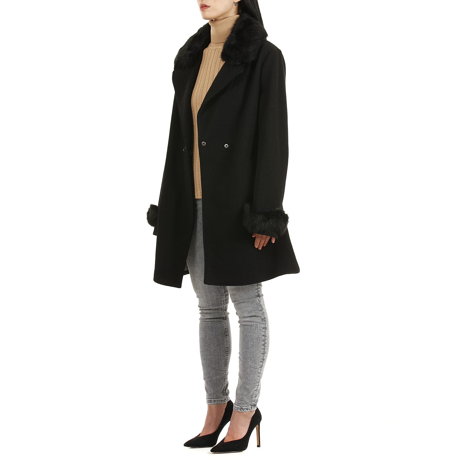 19V69 ITALIA by Alessandro Versace Faux Fur Cuff & Neck Jacket (Size XL) - Black