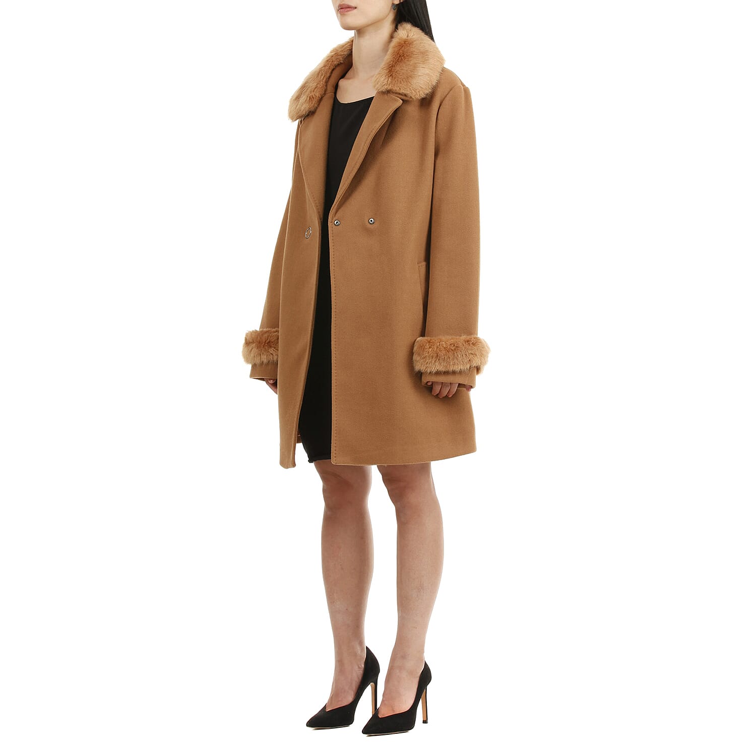 19V69 ITALIA by Alessandro Versace Faux Fur Cuff & Neck Jacket (Size L) - Camel