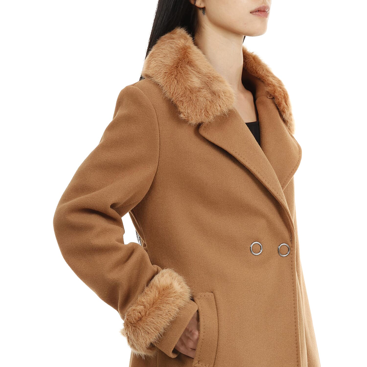 19V69 ITALIA by Alessandro Versace Faux Fur Cuff & Neck Jacket (Size XXXL) - Camel