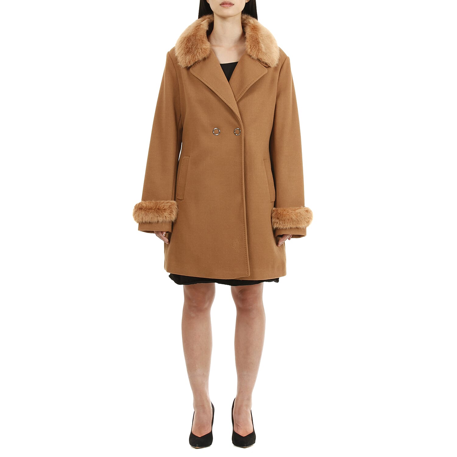 19V69 ITALIA by Alessandro Versace Faux Fur Cuff & Neck Jacket (Size XXXL) - Camel