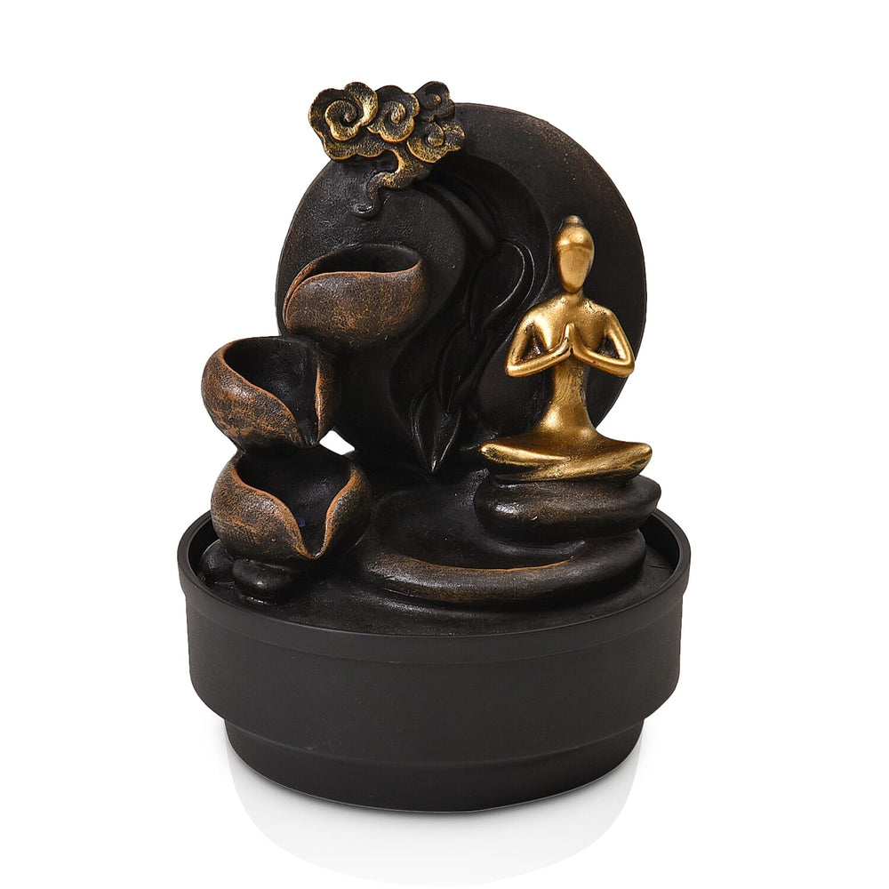 2-In-1 Yoga Statue Buddha Greeting and Teaching Water Fountain LED Light With Incense Burner (30pcs Incense) - Grey - Gold