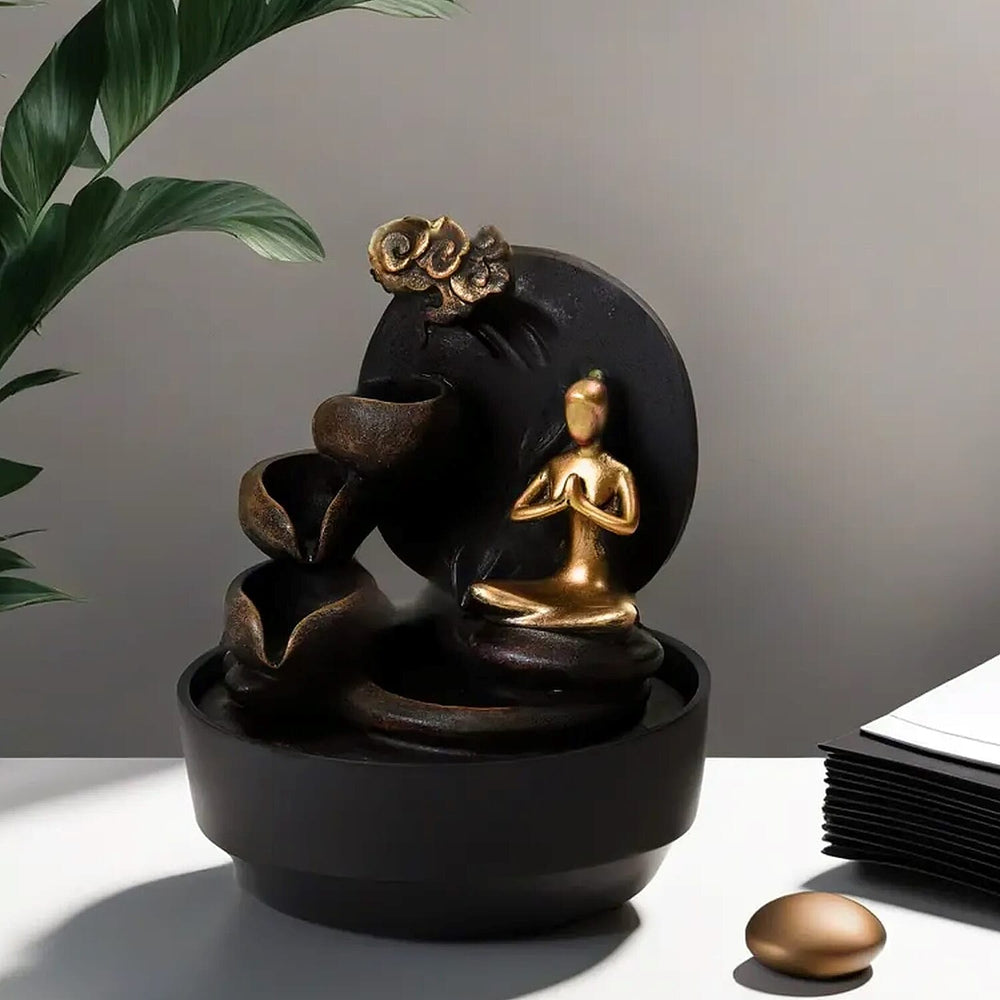 2-In-1 Yoga Statue Buddha Greeting and Teaching Water Fountain LED Light With Incense Burner (30pcs Incense) - Grey - Gold