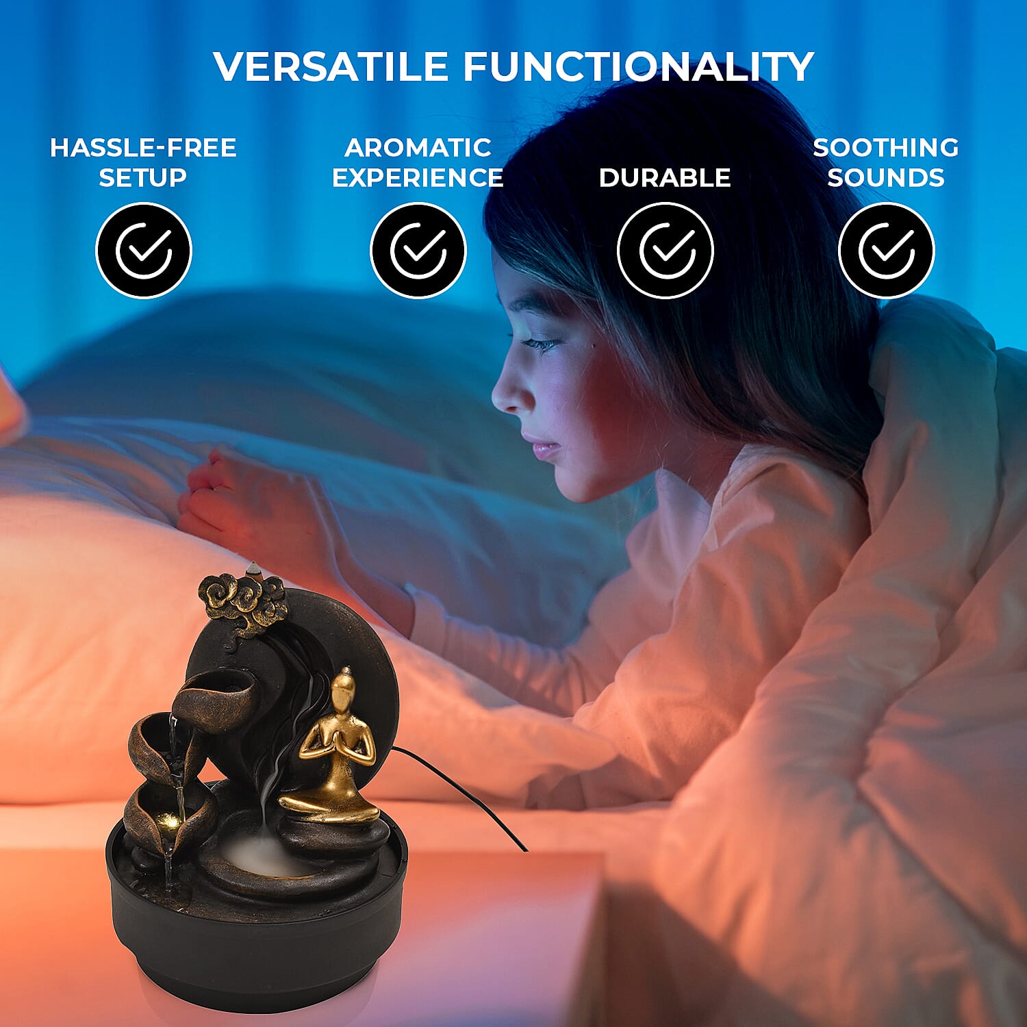 2-In-1 Yoga Statue Buddha Greeting and Teaching Water Fountain LED Light With Incense Burner (30pcs Incense) - Grey - Gold