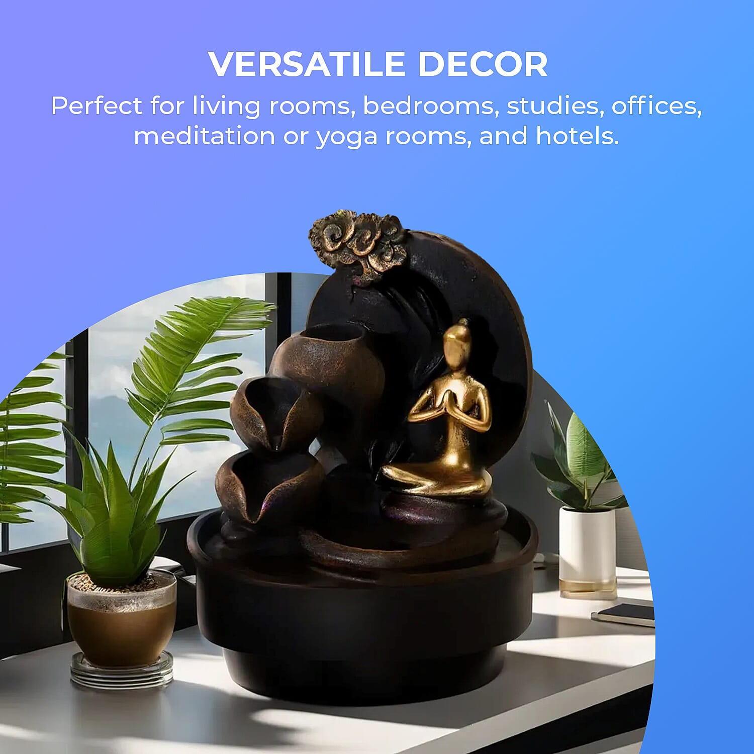 2-In-1 Yoga Statue Buddha Greeting and Teaching Water Fountain LED Light With Incense Burner (30pcs Incense) - Grey - Gold