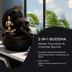 2-In-1 Yoga Statue Buddha Greeting and Teaching Water Fountain LED Light With Incense Burner (30pcs Incense) - Grey - Gold
