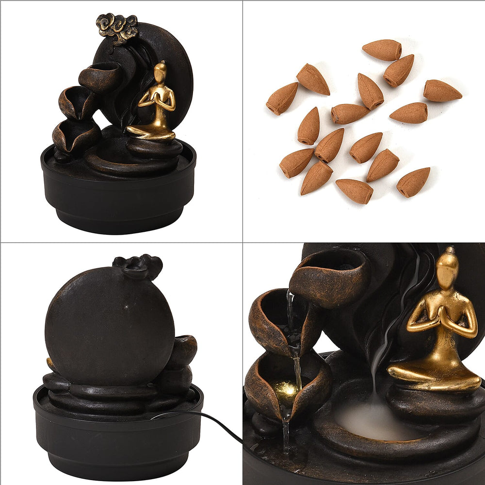 2-In-1 Yoga Statue Buddha Greeting and Teaching Water Fountain LED Light With Incense Burner (30pcs Incense) - Grey - Gold